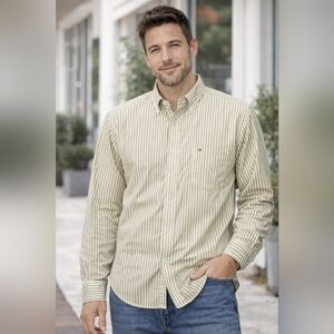 Tommy Hilfiger Olive Striped Button Down Shirt Mens Large Classic Preppy